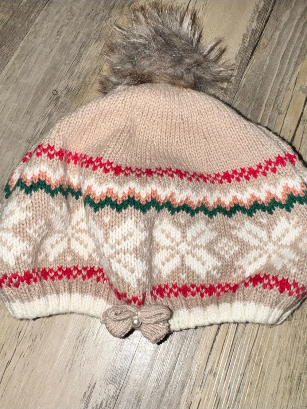 Kids Beige Pom Pom Knit Hat with Fair Isle Pattern